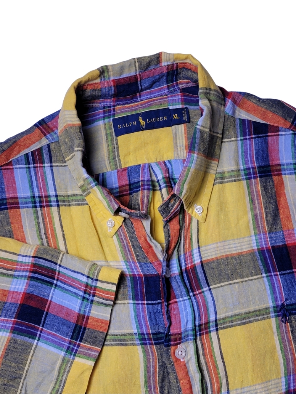 Ralph Lauren Yellow Madras Plaid 100% Linen Short Sleeve Button-Down Shirt XL - Picture 7 of 7